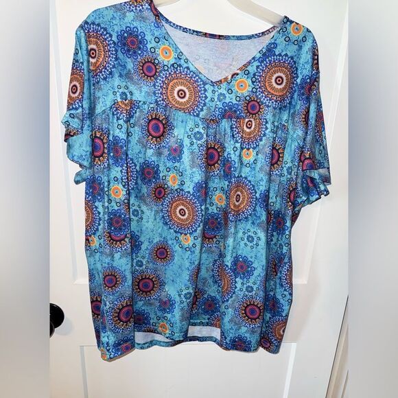 Orange and Blue Relaxed Short Sleeve Blouse - Picture 1 of 4